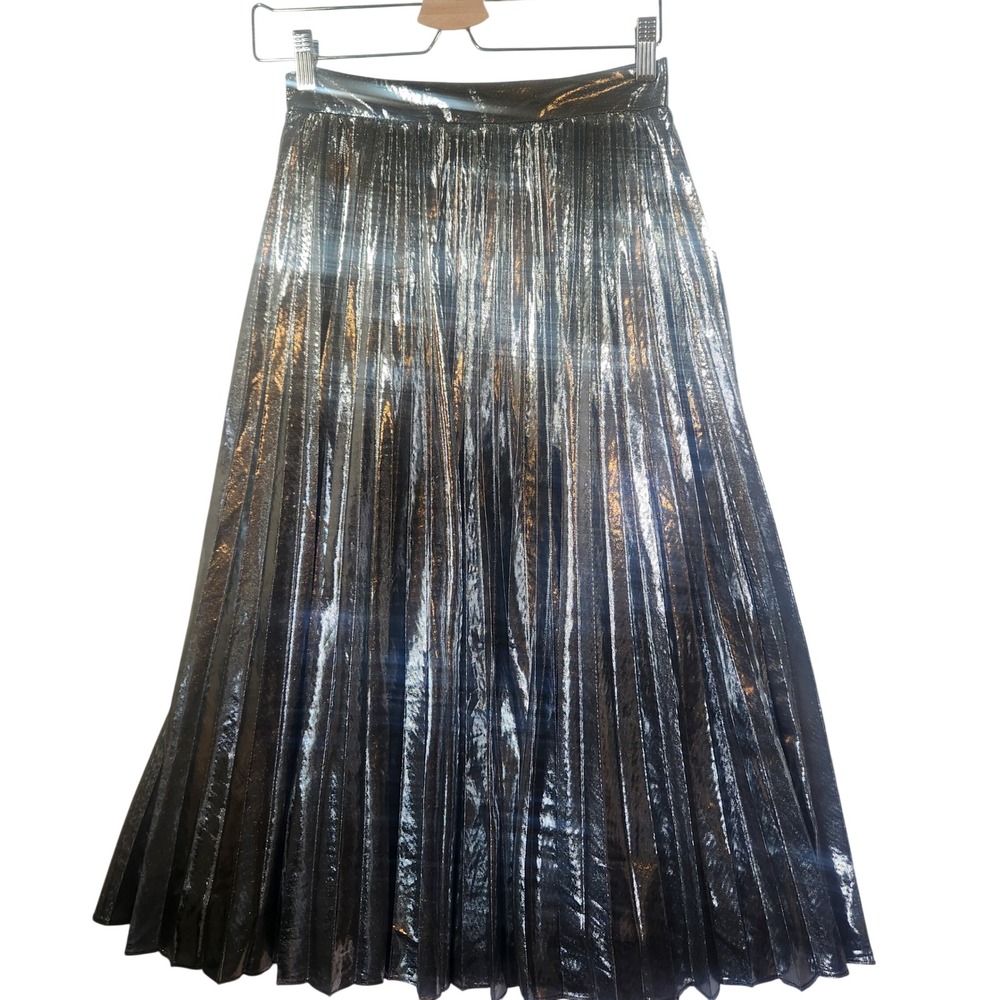 Metallic Silver Pleated Midi Skirt High Waisted Shimmer Accordion Party Glam